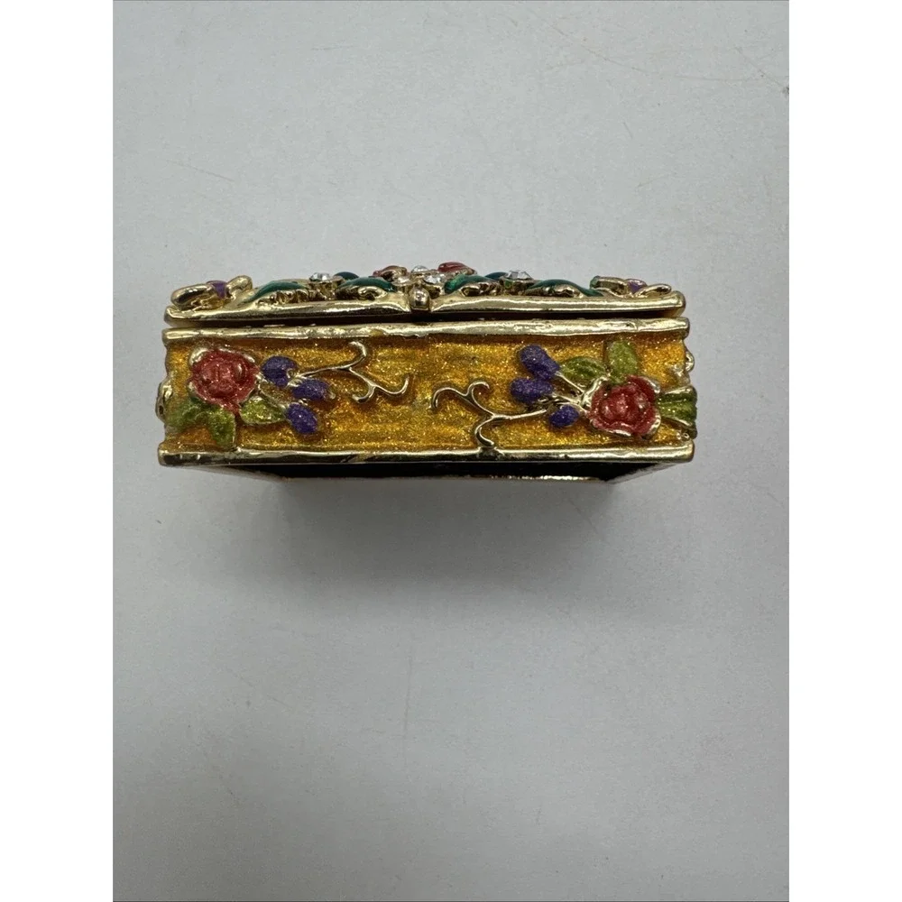 Metal & Enamel Trinket Box, Hinged with Magnetic Closure Floral Rhinestones